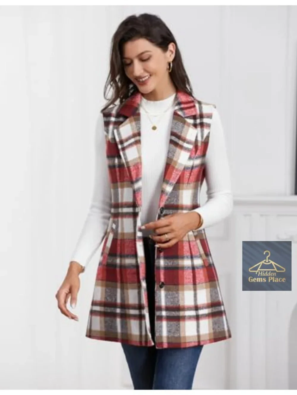 Wool Blend Plaid Sleeveless Vest Notch Lapel Casual Blazer Cardigan